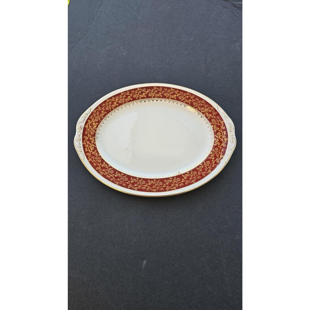Vintage Craftsman Dinnerware Oval Platter Red Gold Floral 13" USA 18K Carat Gold